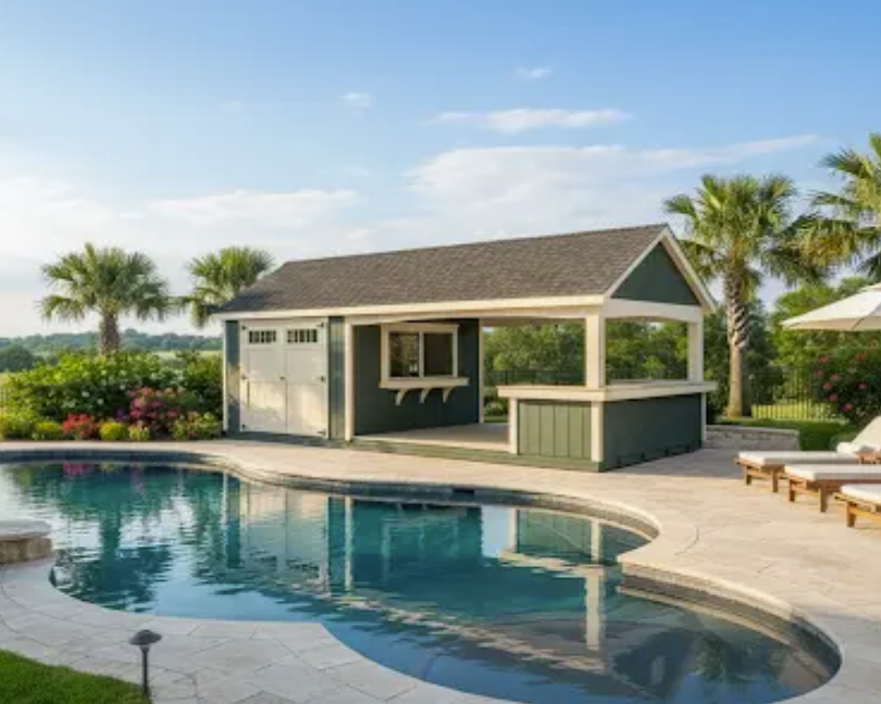 Poolside cabana with dark green exterior, bar, and outdoor seating.