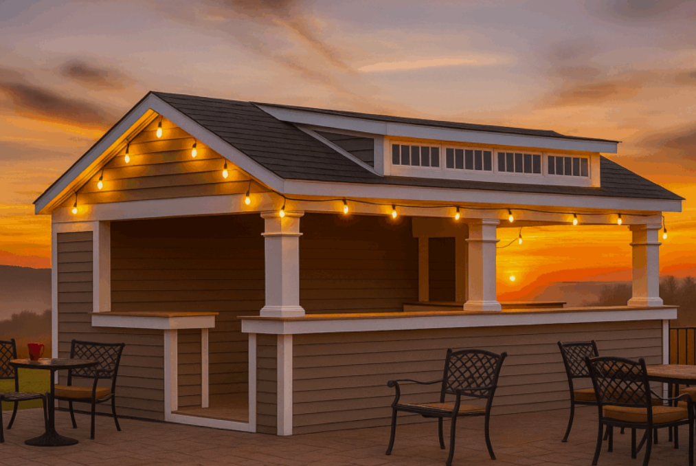 Outdoor bar with string lights, tables, and chairs against a sunset backdrop.