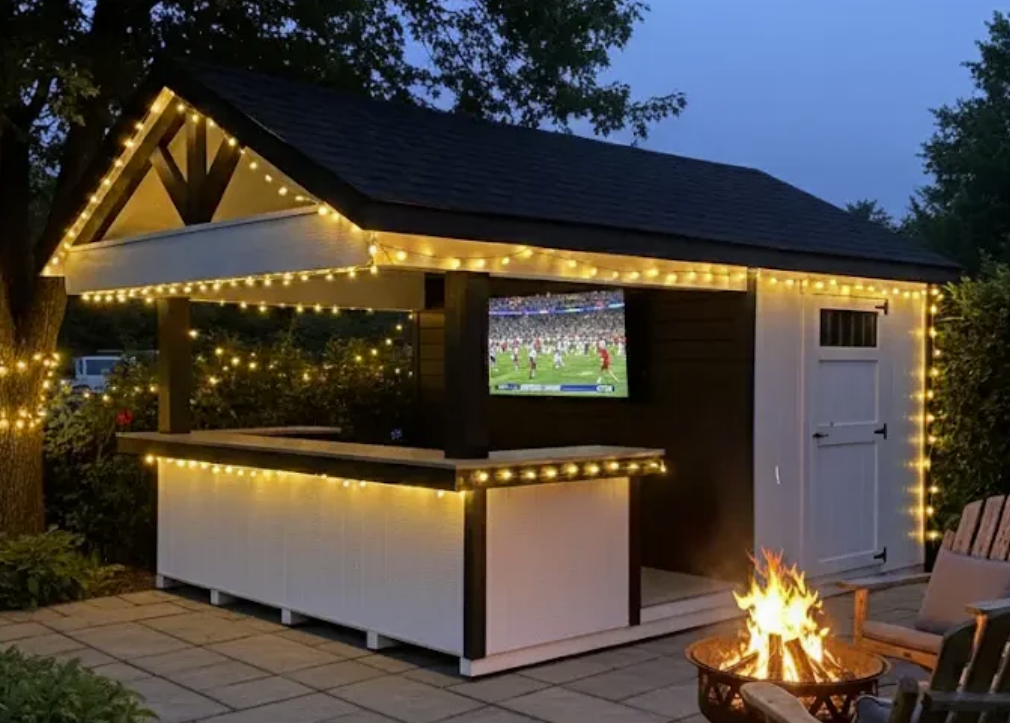 Outdoor bar with TV, fairy lights, and fire pit in a backyard setting.