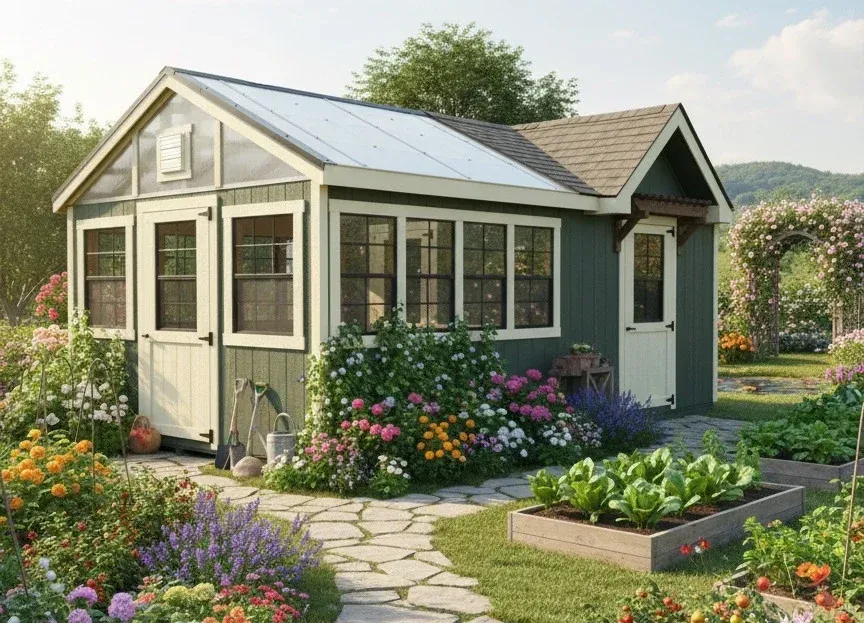 A dark green garden shed with a glass roof and white trim sits in a vibrant flower garden with stone paths and planters.