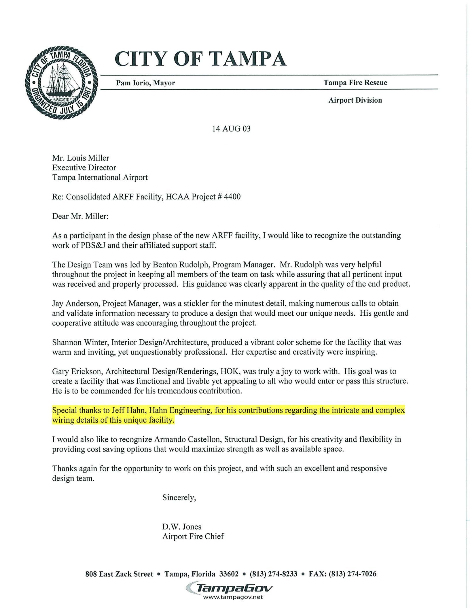 Tampa International Airport Letter of Recommendation