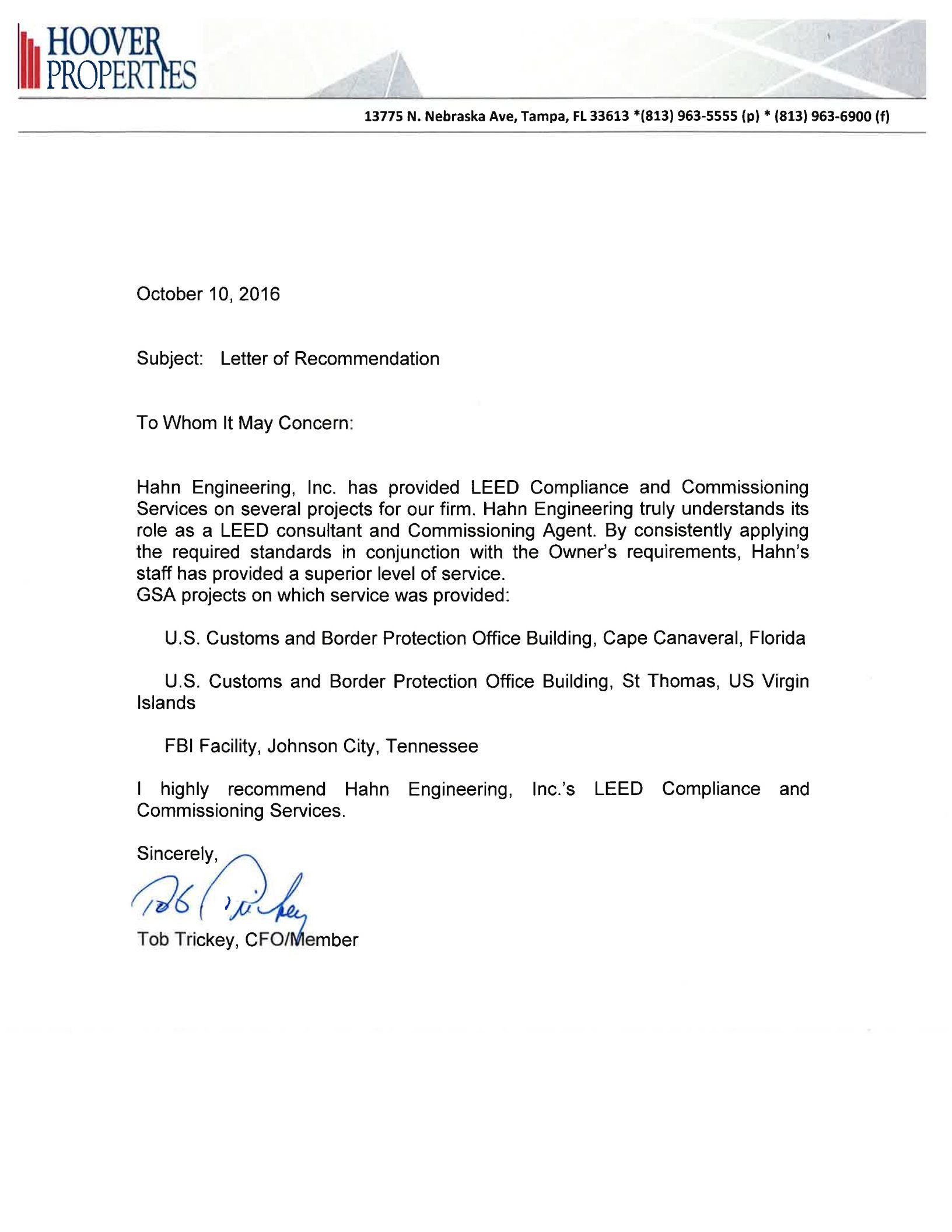 Hoover Properties Letter of Recommendation