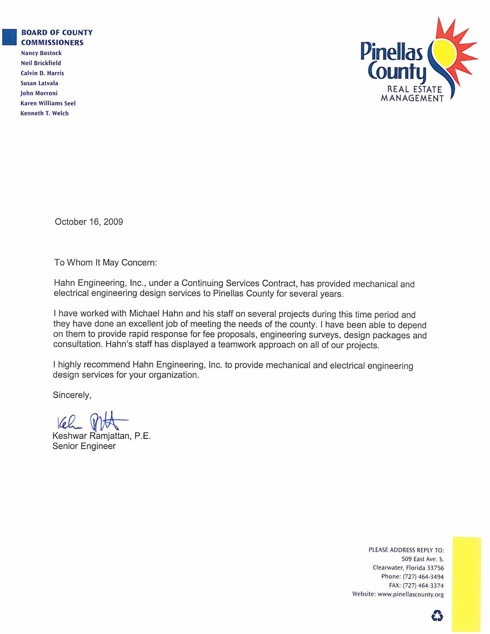 Pinellas County Real Estate Management Letter of Recommendation