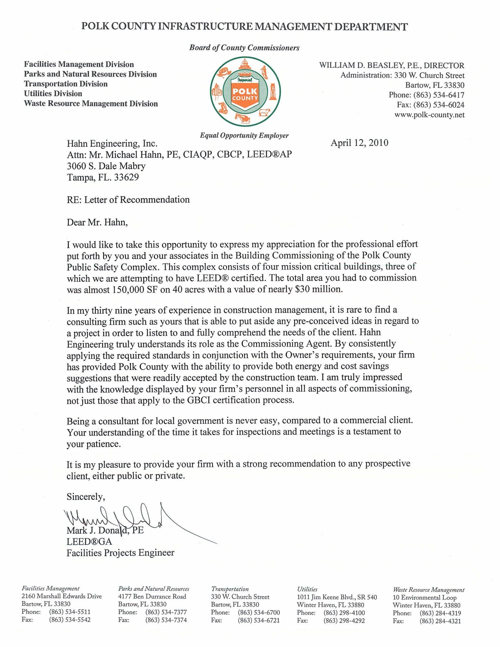 Polk County Infrastructure Letter of Recommendation