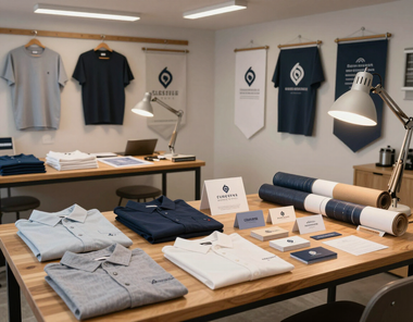 TMJ Marketing Solutions studio workspace with branded samples
