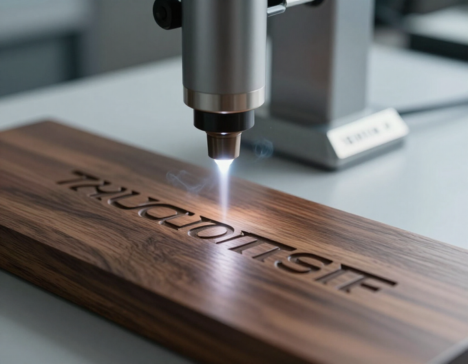 Laser engraving on wooden plaque with trophy in background