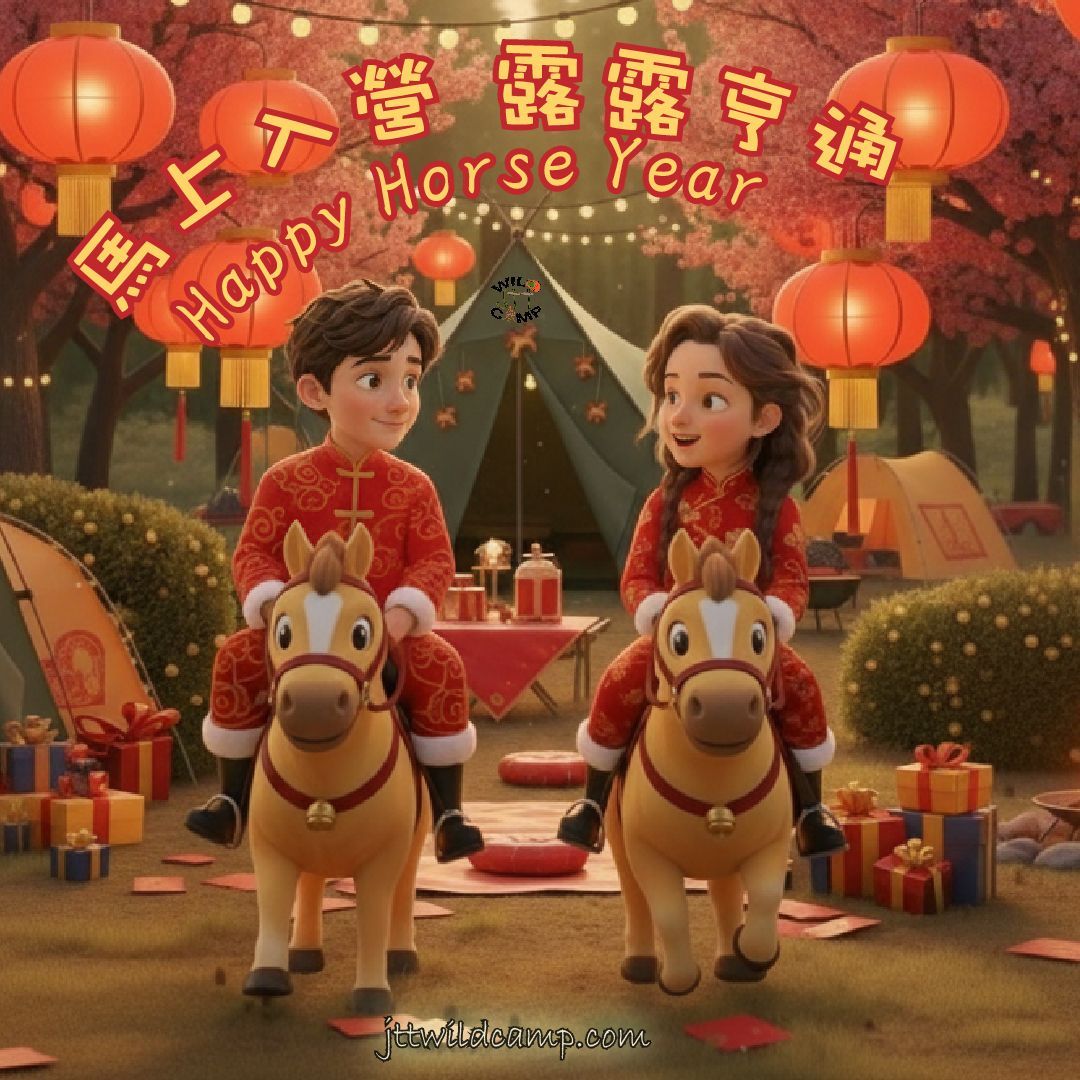 兩個孩子騎著玩具馬，置身於喜慶的戶外環境中，周圍掛著燈籠，並寫著中英文字樣：「馬年快樂」。
