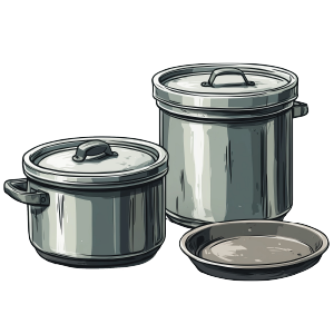 三件金屬炊具：一個帶把手和蓋子的鍋，一個帶蓋子的大鍋，以及一個淺平底鍋。