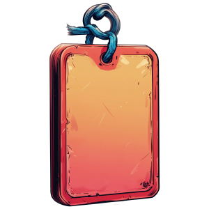 紅色身份標籤，中心為黃橙色，並以藍色繩子繫著。