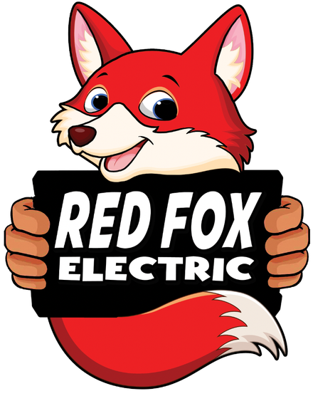 A red fox is holding a sign that says red fox electric.