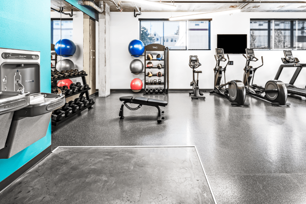 Well-equipped apartment community gym with treadmills, weights, and fitness balls.
