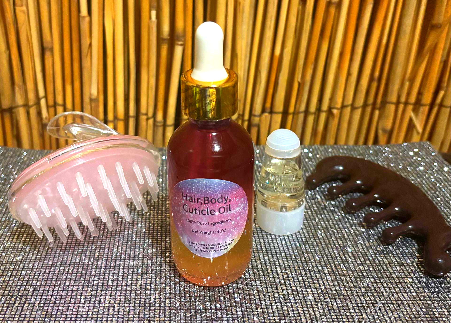 Glow All In 1 Body Oil, With Glimmer, All Natural Oils, Paraben Free, Vitamin Enriched, X Large, Deluxe Kit With Scalp Massager and Oil ApplicatorCan Use Head to Toe