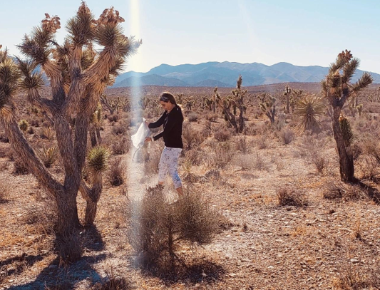 A woman is standing in the middle of a desert surrounded by trees.