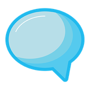 A blue speech bubble with a white outline on a white background.