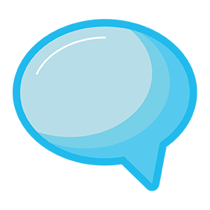 A blue speech bubble with a white outline on a white background.