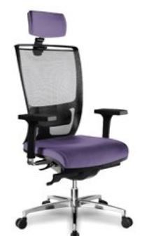 cadeira giratória com assento estofado em roxo e encosto em tela