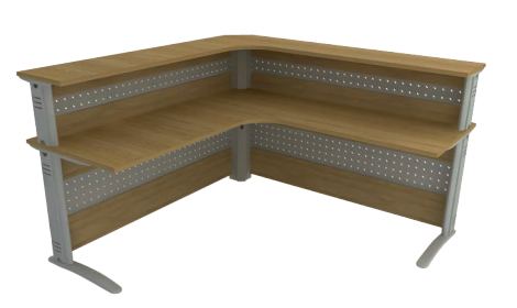 balcão de atendimento em L com saia de ferro e madeira