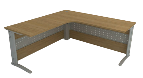 balcão de atendimento em L sem mesanino com saia em ferro e madeira