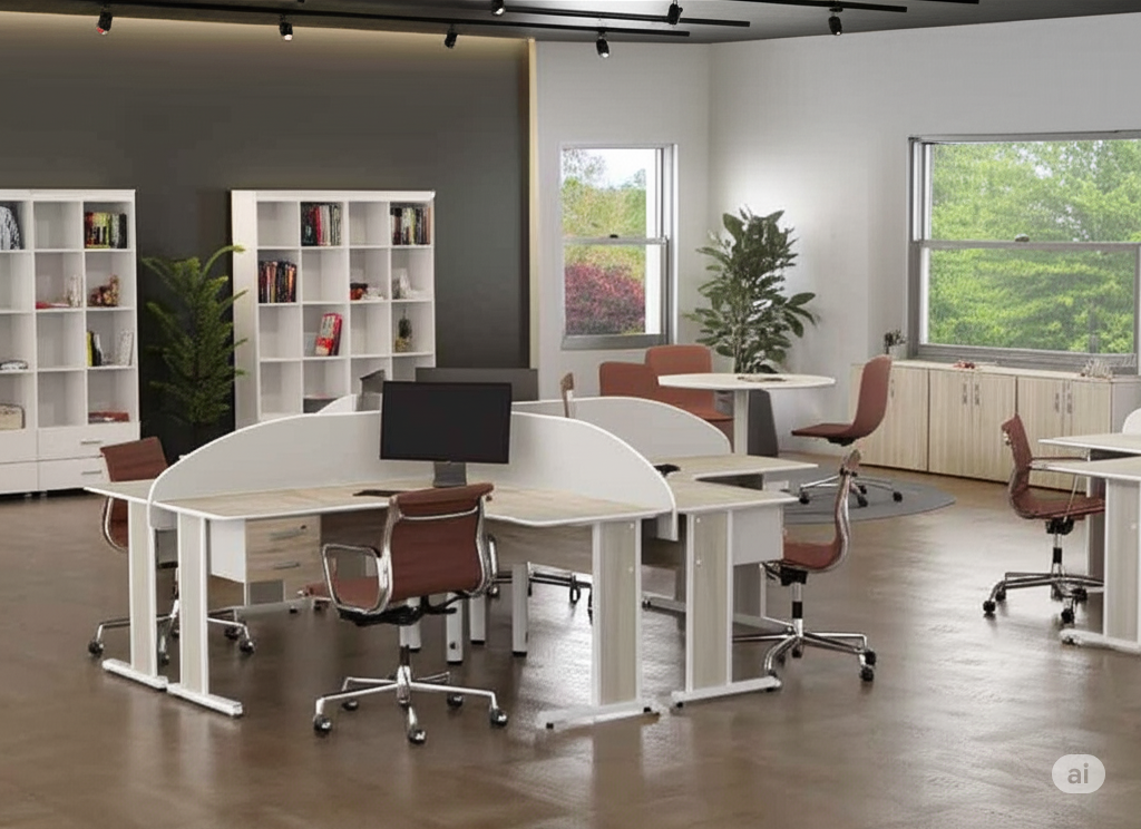 escritório com mesa em L e biombos