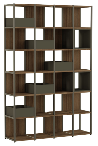 estante de madeira com coluna em aço e cachepô