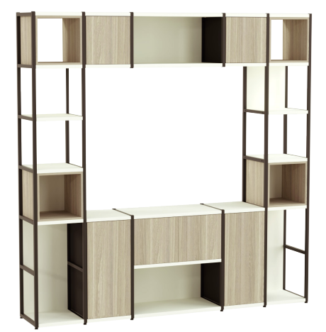 estante de madeira com coluna em aço