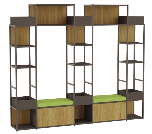 estante de madeira com coluna em aço e futon