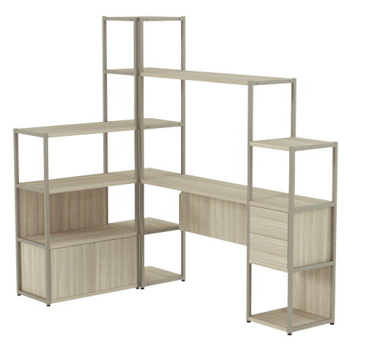 estante de madeira com coluna em aço