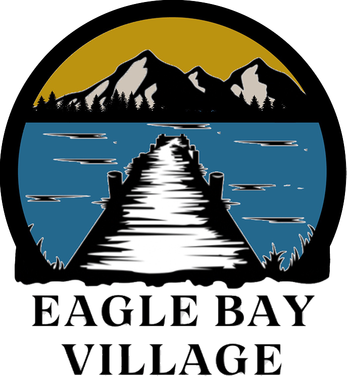 Eagle bay village logo with a dock and mountains in the background