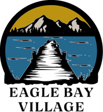 Eagle bay village logo with a dock and mountains in the background