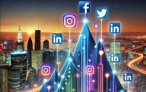 A city skyline with a mountain made of social media icons.