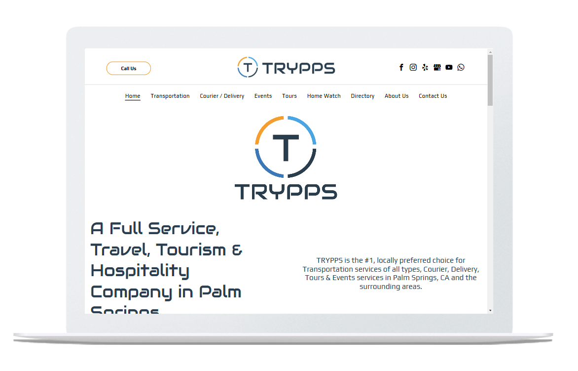 A laptop screen shows a full service travel tourism and hospitality company in palm.