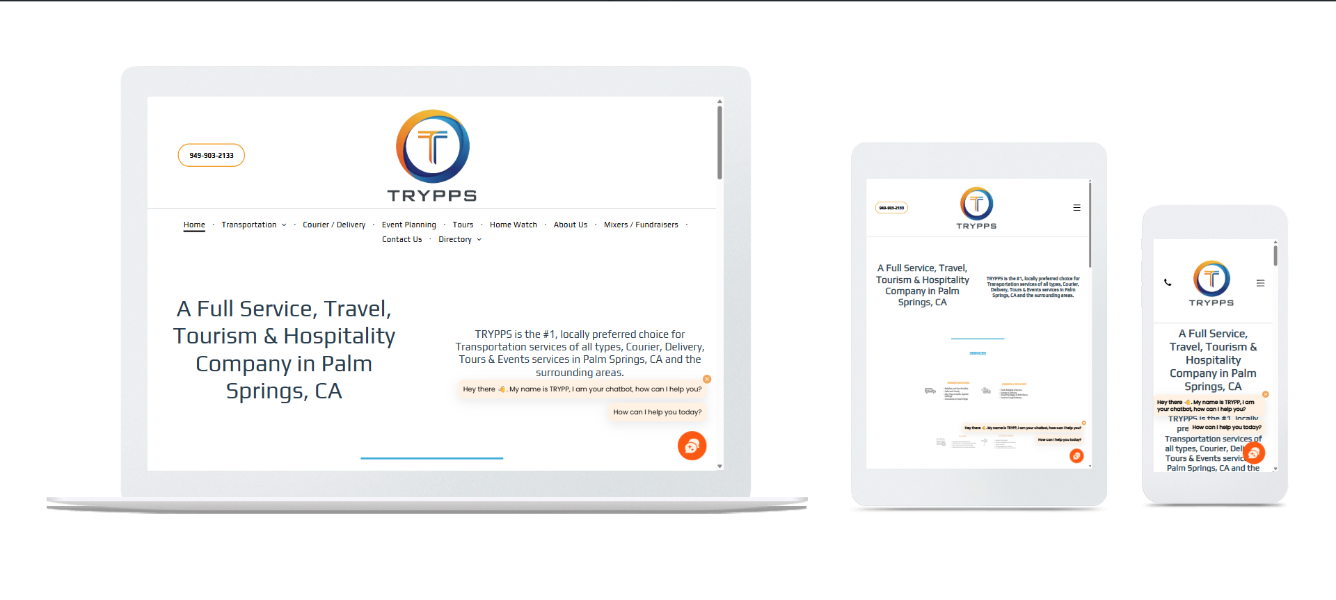 Website design on a laptop, tablet, and smartphone, all displaying the same Tripps logo and information.