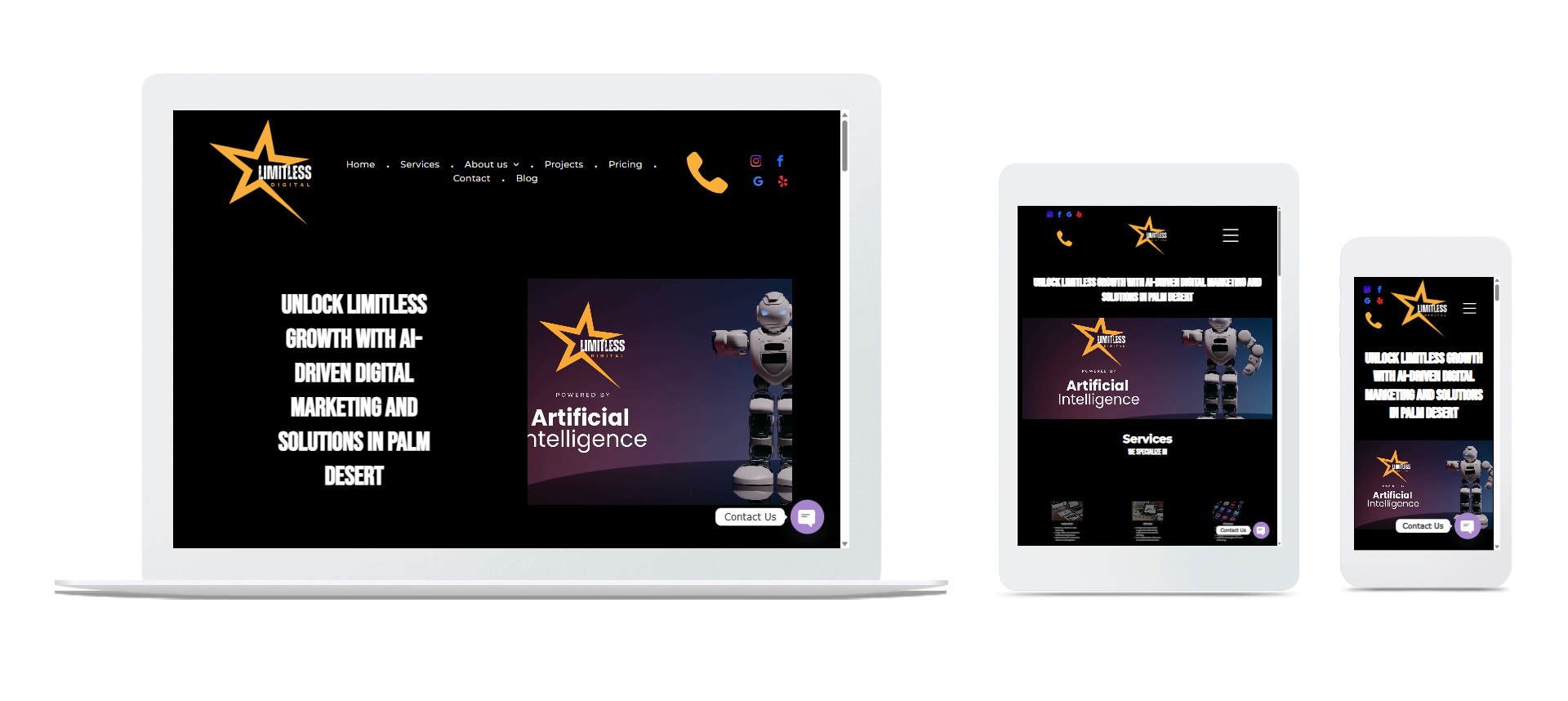 Website design displayed on a laptop, tablet, and smartphone, showcasing a black and gold color scheme.