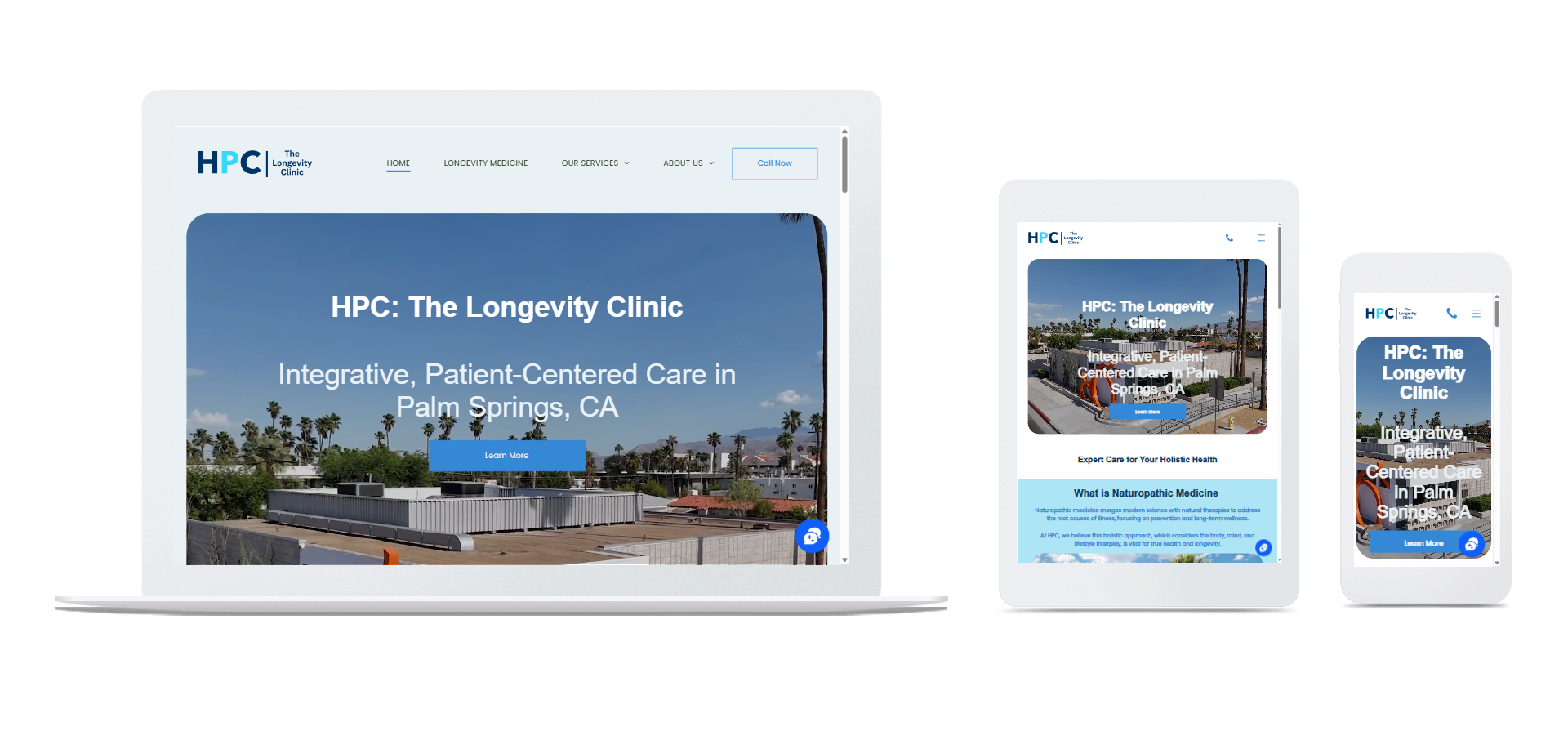 Webpage displayed on laptop, tablet, and phone screens showcasing HPC: The Longon by Clinic in Palm Springs, CA.