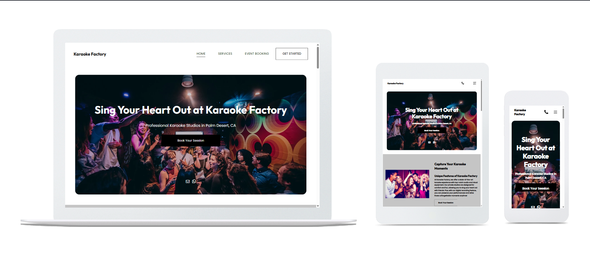 Website displayed on a laptop, tablet, and phone showcasing a karaoke factory with people in the background.