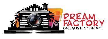 Logo for Dream Factory Creative Studios: a black house with a camera lens as a door, a sunset in the background, and the text
