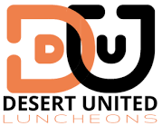 Logo for Desert United Luncheons: Orange and black overlapping "D" and "U" letters, with the words "Desert United Luncheons"