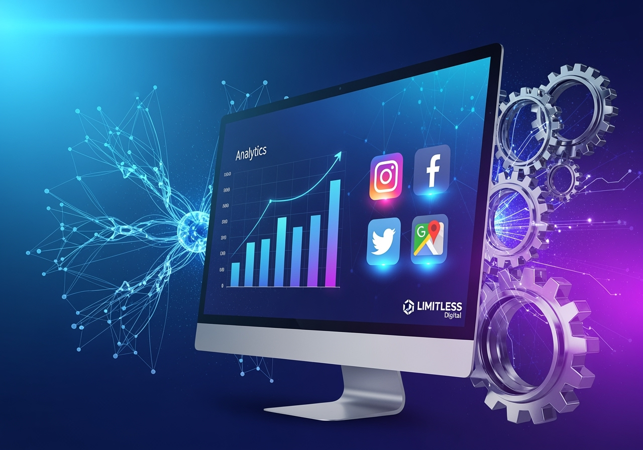 A computer monitor with social media icons on the screen.