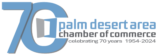 Logo of Palm Desert Area Chamber of Commerce celebrating 70 years, featuring a light blue "70" and text.