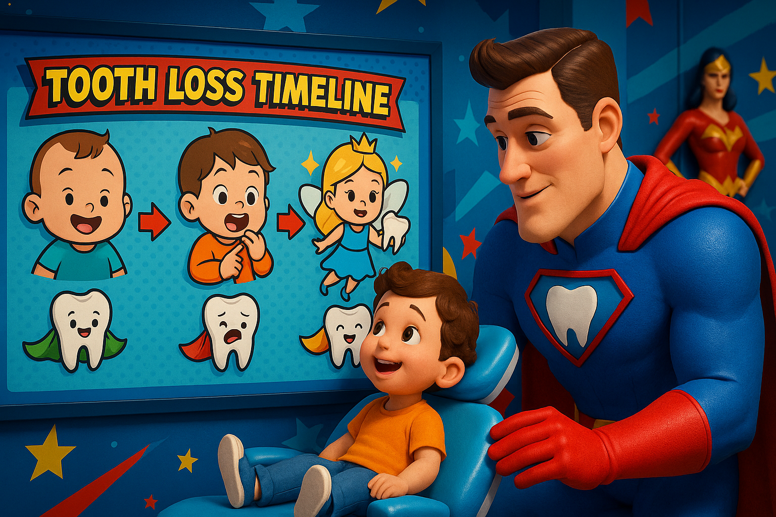 Superhero and child at a dentist, learning about tooth loss. Timeline poster, Wonder Woman in background.