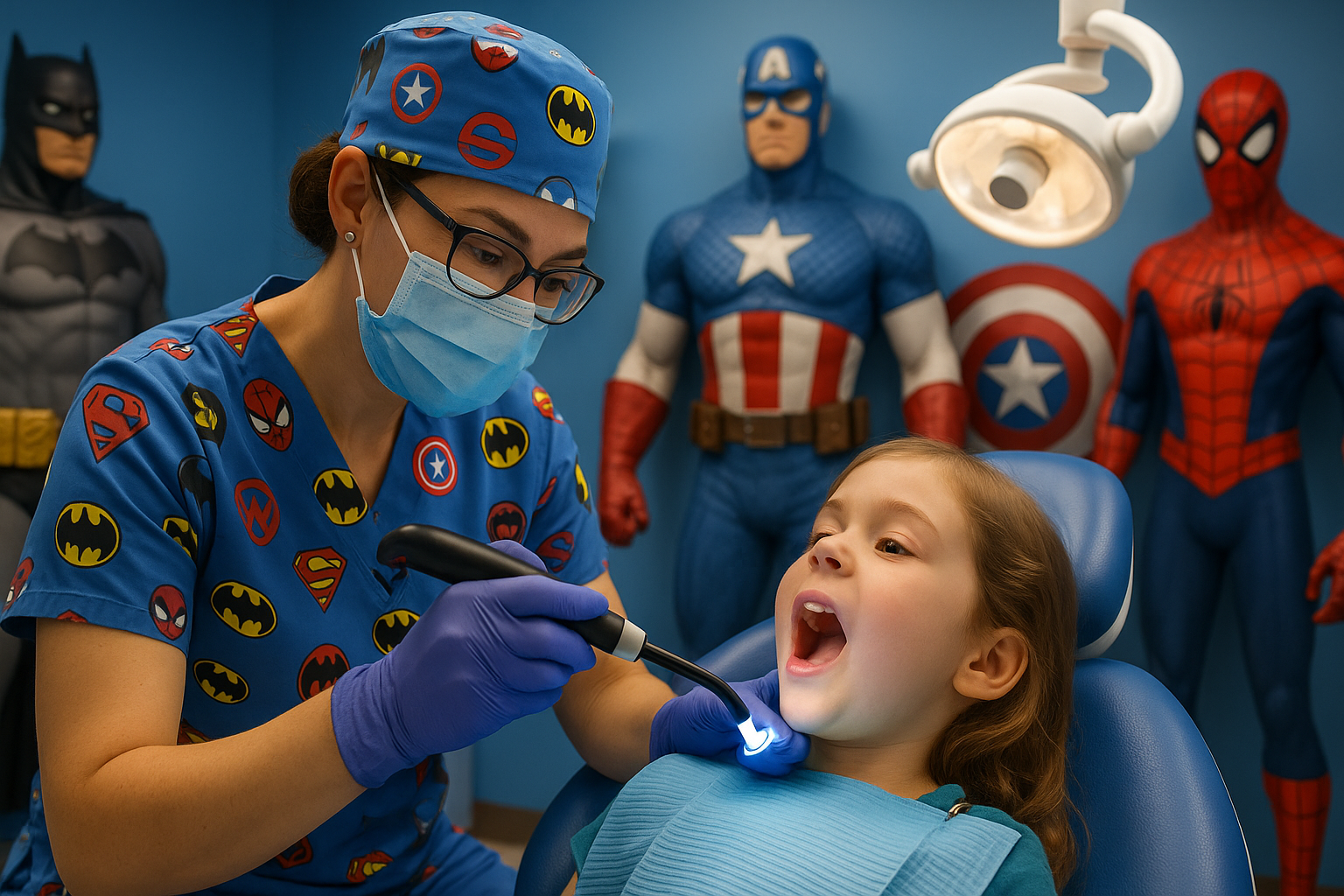 Dentist examining a young girl's teeth; superhero theme: Batman, Captain America, and Spider-Man statues in the background.