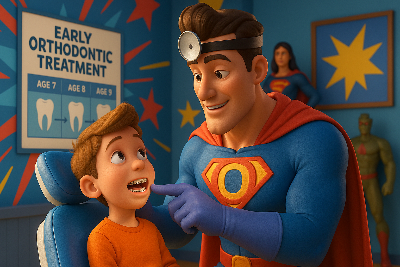 Superman dentist examines a young boy's teeth in a colorful orthodontist's office.