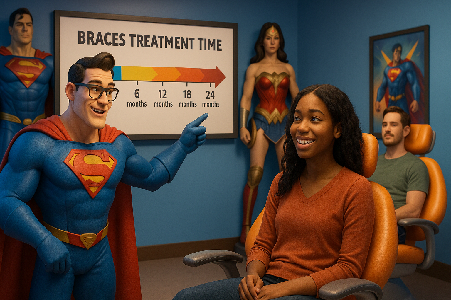 Superman points at a braces treatment timeline with a smiling woman in a dentist chair. Wonder Woman and others watch.
