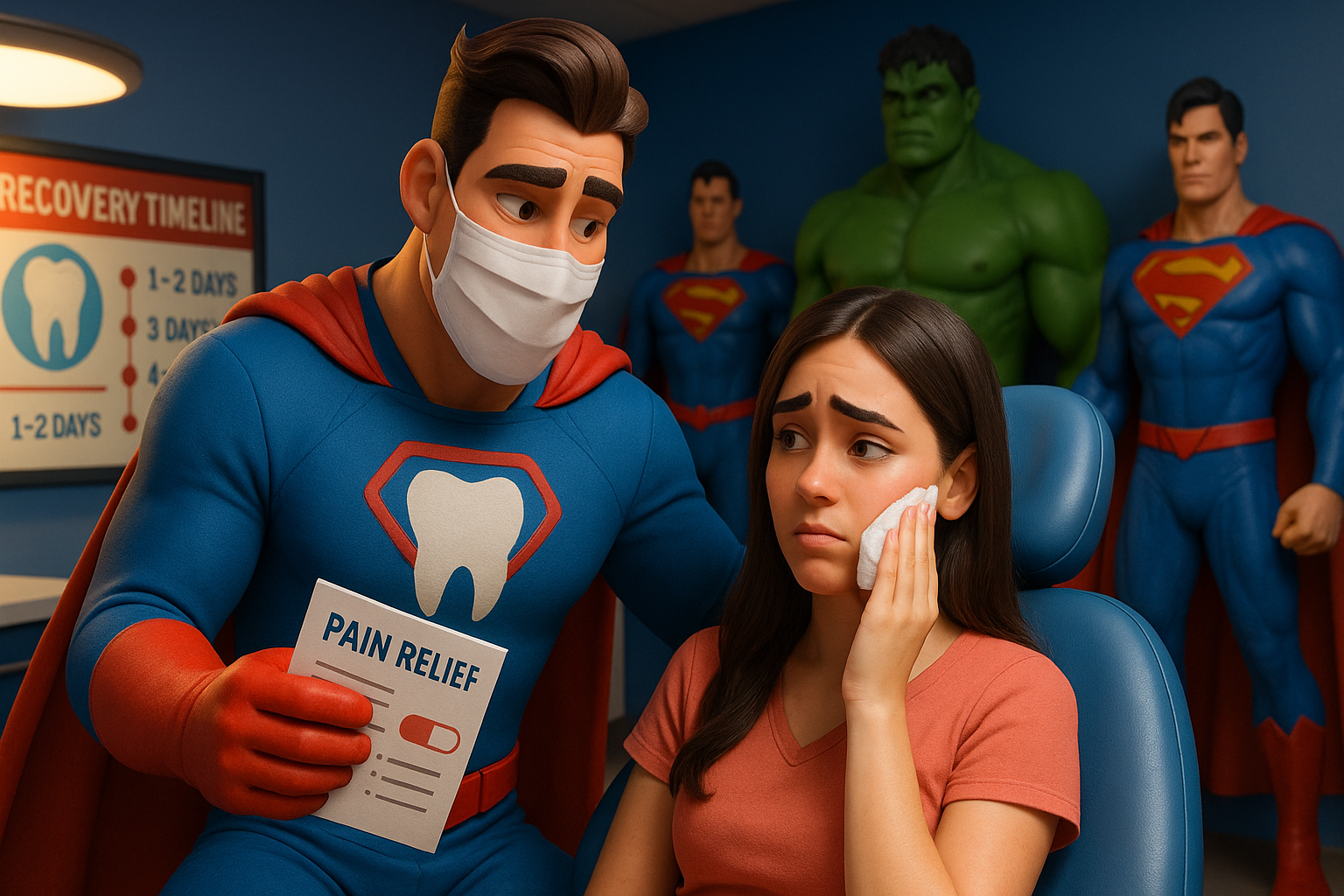 Superhero dentist comforting a patient with a toothache, Hulk and other heroes watch in a dentist office.