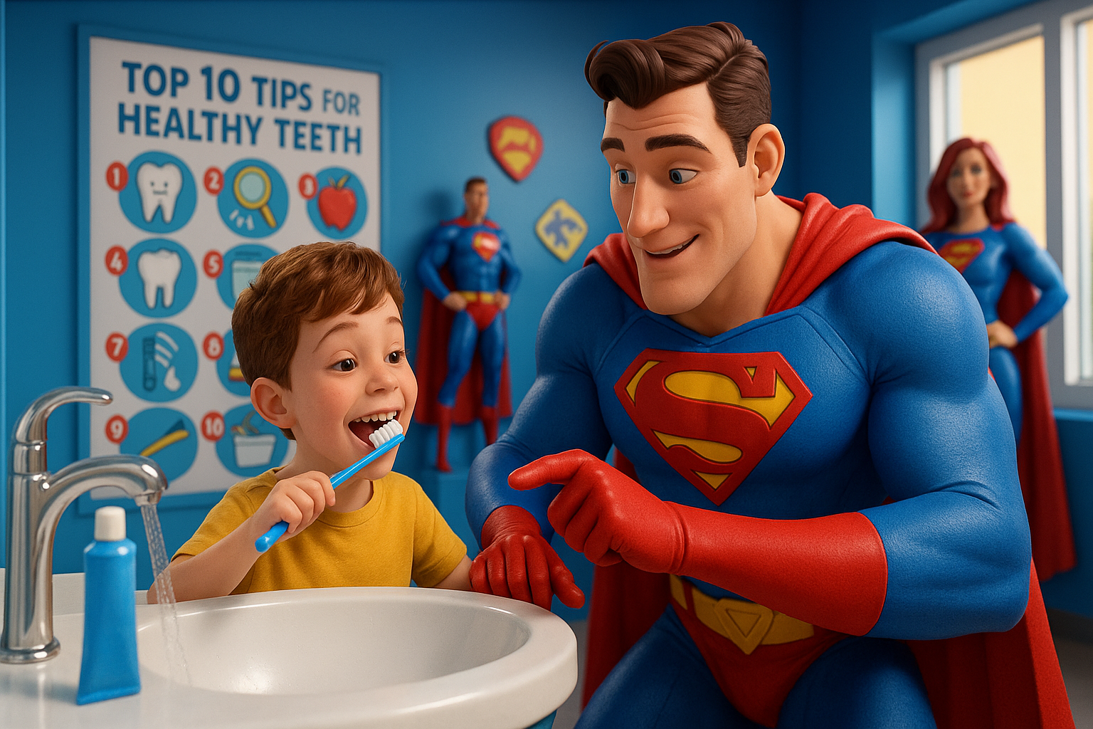Superman helps a child brush their teeth in a bathroom. Poster in background lists dental tips.