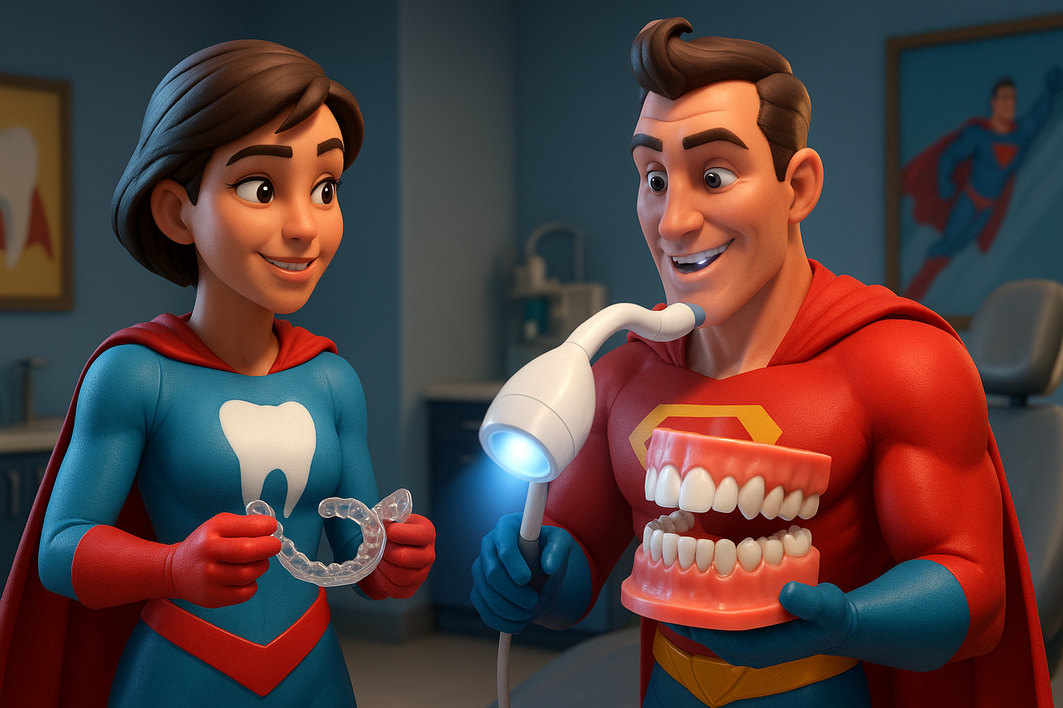 adventure smiles dental & orthodontics
Two costumed dental superheroes in a dental office: woman holding aligner, man holding teeth model and light.