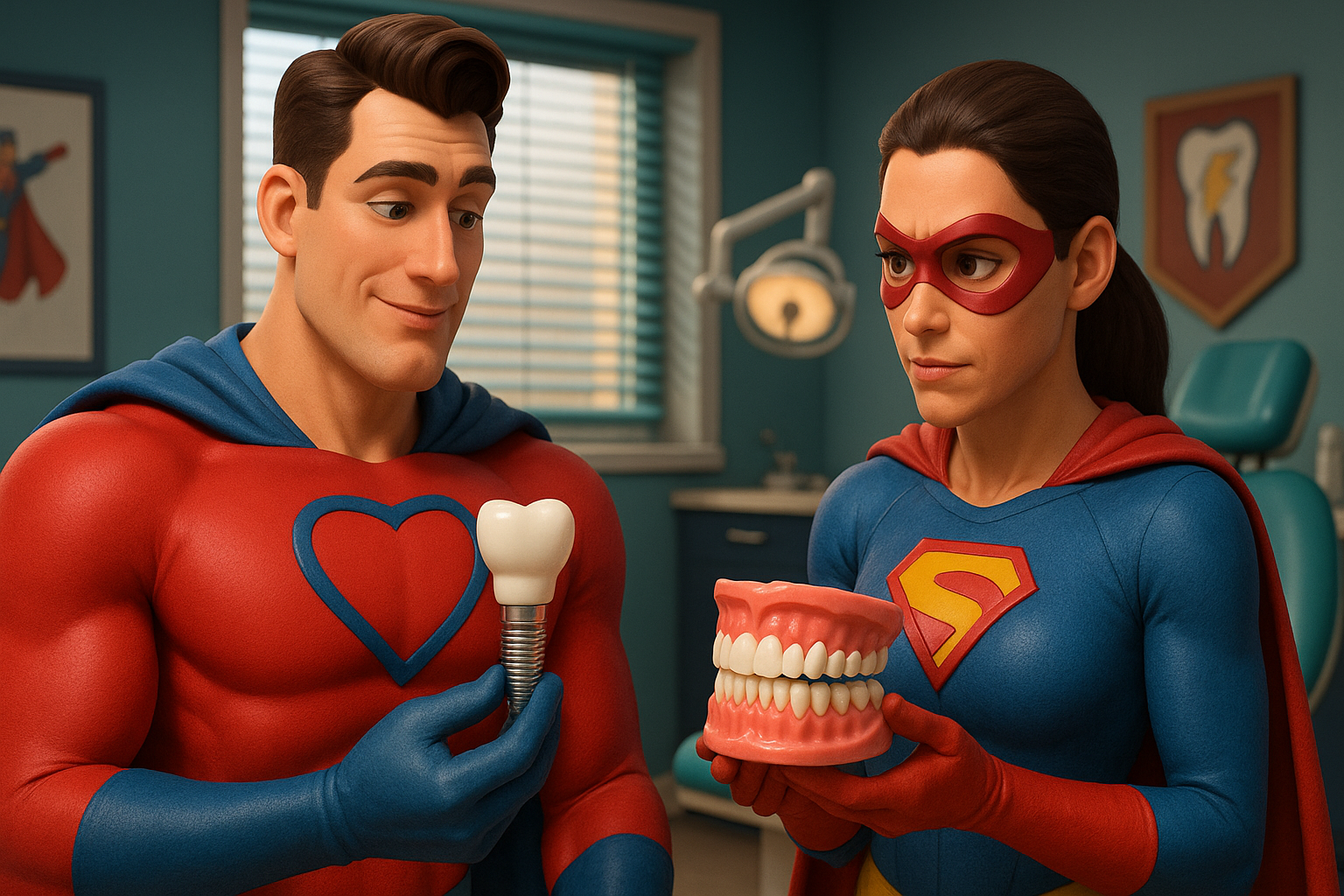 
adventure smiles dental & orthodontics
Two costumed superheroes at dentist office. Man holds tooth implant, woman holds dentures.