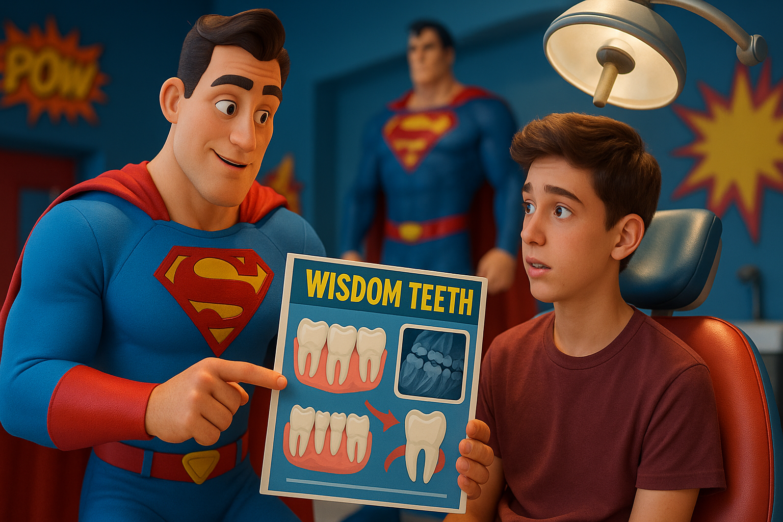 Superman points at a diagram explaining wisdom teeth to a teen in a dentist chair; another Superman in the background.