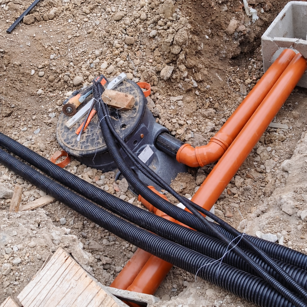 Piscina vuota con rivestimento grigio, in costruzione all'aperto.