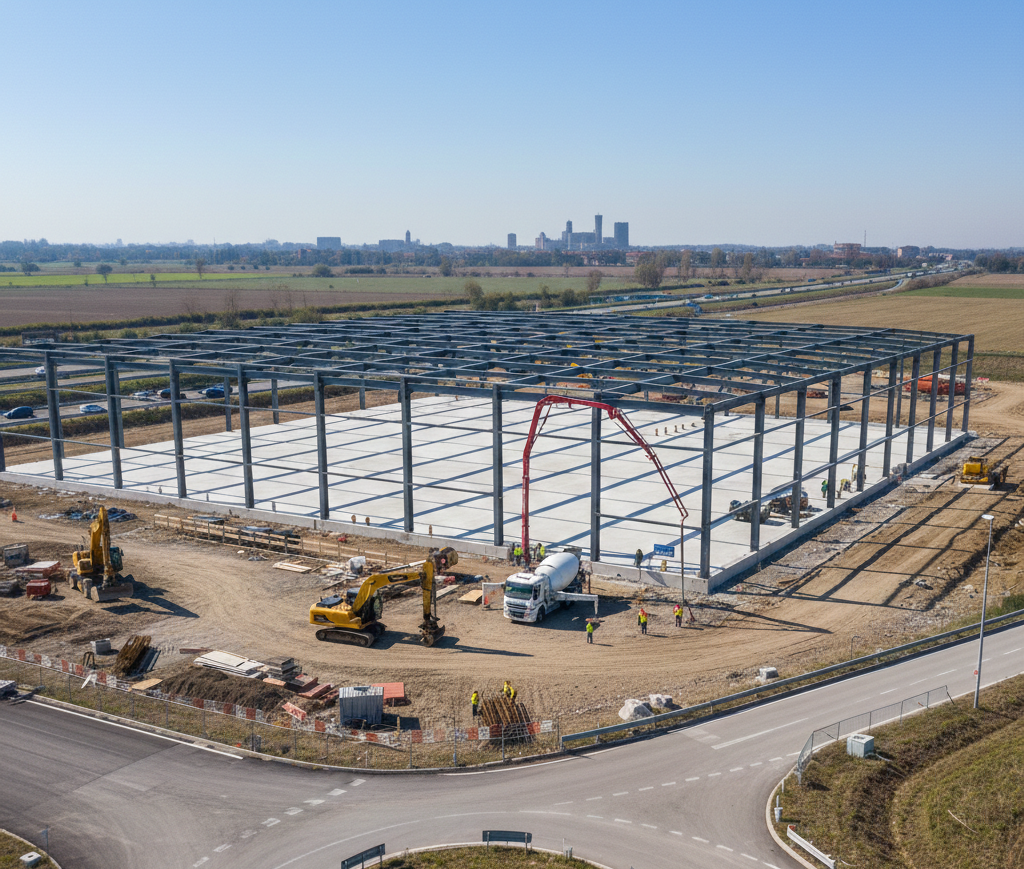 Piscina rettangolare vuota con gradini, rivestimento grigio e terrazza in cemento in un ambiente esterno soleggiato.